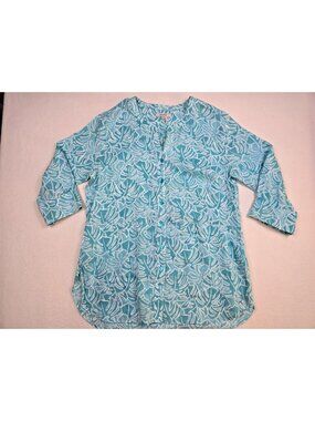 Zozo Womens  L Button-Up 100% Linen Blouse Aquatic Leaf Print Top Tunic Blue